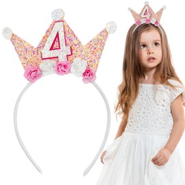 Jaczora 4th Birthday Decorations for Women, Birthday Crown Headbands, 4-Year-Old Happy Birthday Decorations Flower Princess Tiara Hair Accessory, Girls 4th Birthday Gift Party Decorations Supplies