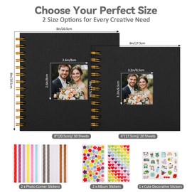 DazSpirit DIY Scrapbook Photo Album, 20.5 x 20.5cm Square Linen Cover Photo Book with Window, 60 Pages/30 Sheets White Blank Page, 5 Stickers, Wedding Guest Book, Family Album, Travel Journal (Black)