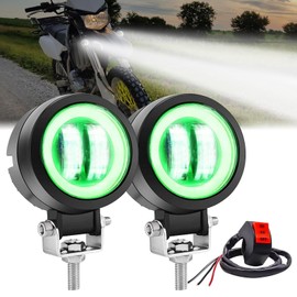 Ygmylandbb Motorcycle LED Driving Fog Lights, Motorbike Driving Light, 20W Auxiliary Spot Lights Pod for Motorcycle, DRL/Angel Eye, Include Switch (White Beam with Green Ring) 12V/24V 3inch 2Pcs