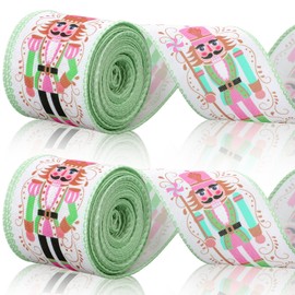 Norme 2 Rolls Christmas Pastel Nutcracker Ribbon 2.5 Inches Wide 10 Yards Pink Green Nutcracker Ribbon with Wired for Xmas Tree Decor Gift Wrapping Box Bows Wreath DIY Craft