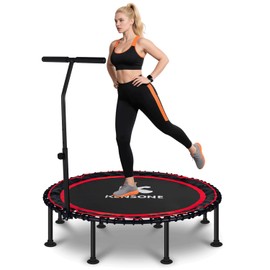 K KENSONE 48" Foldable Rebounder Trampoline for Adults with Bungee, 550 LBS Quiet Indoor Mini Trampoline for Adults Fitness with Adjustable T-Shaped Handle Bar for Gym Workout, Home Exercise, Red