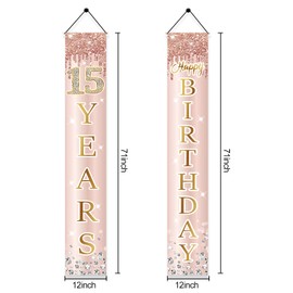 15th Birthday Door Banner Decorations for Girls, Pink Rose Gold Happy 15 Birthday Door Porch Backdrop Party Supplies, Fifteen Year Old Birthday Sign Decor