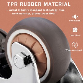 1.5 Inch Swivel Castors with Bearing Plate, Small Non-Slip Rubber Castors for Furniture and Workbench Trolleys, Set of 4, 2 with Brakes and 2 without 360° Rotation, with Screws