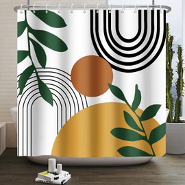 Canessioa Boho Geometric Shower Curtain White Beige Mid Century Abstract Arch Curve Bathroom Curtain Minimalistic Sun Shower Curtain Sets for Bathroom Extra Long 60x72 in with 10 Hooks