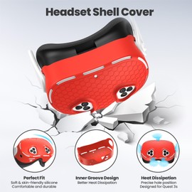 Silicone Cover Set Compatible with Meta/Oculus Quest 3s Accessories, VR Silicone Face Cover, VR Shell Cover,Touch Controller Grip Case,Camera Lens Protector Set (Red)
