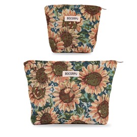 BOCGRPU 2 PCS Makeup Bag Set，Portable Cosmetic Bag for Purse ，Large Storage Capacity Toiletry Bag Make up Organizer，Travel Pouch with Zipper for Women, (Sunflower Oil Painting)
