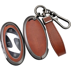 Metal Key Cover with Key Chain Fit for Hyundai Sonata Hybrid Santa fe 2024 Key Fob,Leather Car Key Case Fit for Hyundai Ioniq 6 Kona (Brown)