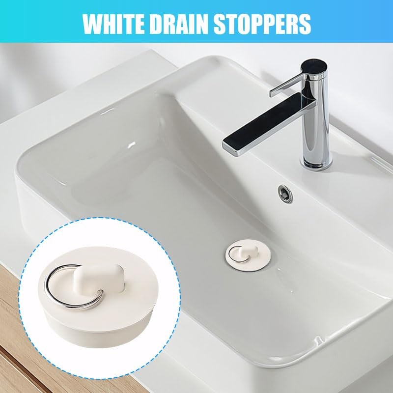 White Rubber Sink Plugs with Hanging Ring - 4PCS, Adjustable