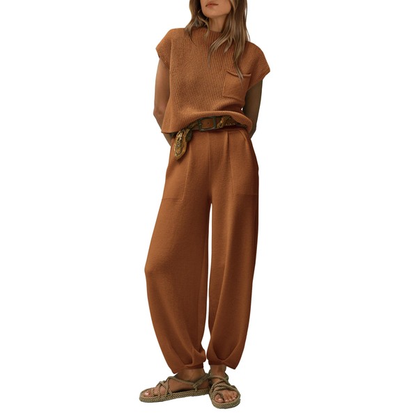 PRETTYGARDEN Womens Two Piece Outfits Sweater Sets Knit Pullover Tops And High Waisted Pants Matching Tracksuit Sweatsuit Set (Brown,Small)