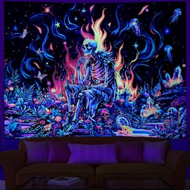 Heopapin Blacklight Skull Tapestry Psychedelic Skeleton Gothic Tapestry UV Reactive Galaxy Space Wall Hanging Halloween Party Poster Aesthetic Plant Floral Tapestries for Bedroom