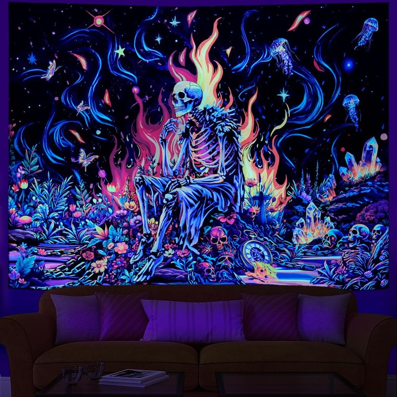 Heopapin Blacklight Skull Tapestry Psychedelic Skeleton Gothic Tapestry UV Reactive