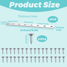 8Pcs Flat Mending Plate, Heavy Duty Cabinet Hinge Repair Plate, 8-Hole Stainless Steel Flat Bracket, 245mm, 4-Pack with 32 Screws, Easy Installation, Rust-Resistant, Perfect for Furniture, Door Frames