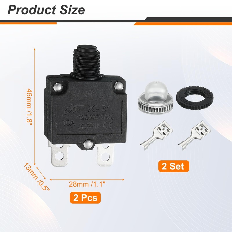 sourcing map 2PCS 10A Thermal Circuit Breakers, 125/250V AC,32V DC