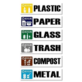GamesMonkey® - Stickers Recycle for Trash Waste Bins Garbage Plastic Cans Compost Glass Metal Paper - Pack of 6 Adhesive - Vinyl Waterproof Washable Illustrated (5,9 in x 1,5 in - 15 cm x 4 cm, V1)