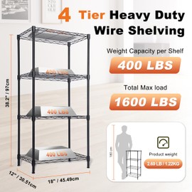 Whitmor 4 Tier Storage Shelves, Heavy Duty Metal Shelving, 400 lbs Capacity per Shelf, 1600 lbs Total, Easy Assembly for Kitchen, Garage, Plant, 18" L x 12" W x 38.2" H, Black