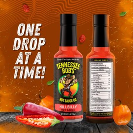 Hot Sauce Bottle. Includes One-5 Oz Tennessee Hillbilly Spicy Hot Sauce. Hickory-Smoked, Gourmet Blend Medium Spicy Sauce with Jalapeños & Habaneros. Spicing Up Any Dish.