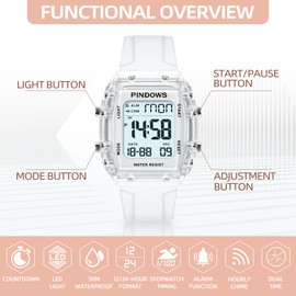 Women Watch for Women Teenagers Watch Outdoor Sports Digital Watches for Ladies Students Waterproof Watches with Alarm Stopwatch Countdown Dual-Time Hourly Chime Function High Brightness Light