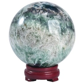 JIC Gem Large Crystal Ball Feather Fluorite Healing Crystals Sphere with Wooden Stand Meditation Home Decor 4 inch (100mm)