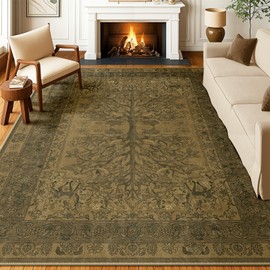 BESTSWEETIE Area Rugs 8x10 Washable Rug for Living Room, Botanical Floral Printed Low Pile Non Slip Indoor Stain Resistant Soft Carpet for Bedroom Kitchen Room, Brown