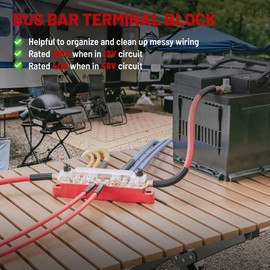 RED WOLF 150A 12V Bus Bar with Cover, 4 x 1/4" (M6) 6 x #8 (M4) Studs Power Distribution Terminal Block 48V DC Car Boat Marine Solar System (Black+Red)