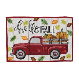 Fall Farmhouse Red Truck and Pumpkins Placemats, Hello Fall Set of Six (6) Colorful Tapestry Weave Fabric, for Holiday's, Thanksgiving, Autumn and Fall