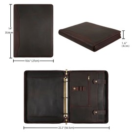 YLYYHH Portfolio Binder 3 Ring, Leather Binder Portfolio Folder for Left-Handed, Zippered Portfolio Padfolio Binder for Women, Leather Portfolio Organizer for Men (Dark Brown, Non-Custom)
