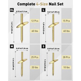 Uniclife 80 Pcs Picture Hangers, Picture Hanging Kit, 4 Size Picture Hanging Hooks, Picture Hanging Nails, Long Picture Hooks for Photo Frame Art Mirror and Décor, Gold