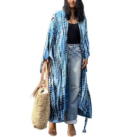 LikeJump Women's Kimono Knee-Length Beach Dress Long Summer Dress Bikini Cover Up, H Blue