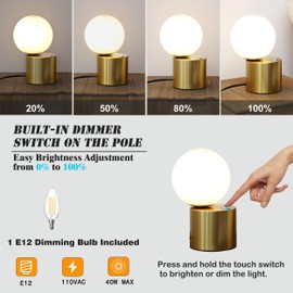 Asnwnyd Gold Globe Dimmable Table Lamp Minimalist Nightstand Lamps Mid Century Modern Desk Lamp with Milk White Glass Shade Metal Base for Dorm, Living Room Bedroom, Study Room, Kids Room (Low)