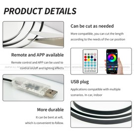 Ambient Lighting Car led Lights Interior, 43.3'' USB Powered Acrylic Neon Flexible Strip Model y Ambient Lighting kit with Remote APP,Dynamic RGB 2 in 1 Music Lights Sync for Inside car Decorations