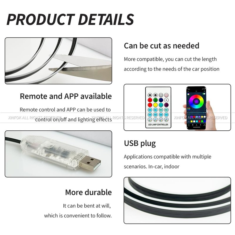 Ambient Lighting Car led Lights Interior, 43.3'' USB Powered Acrylic