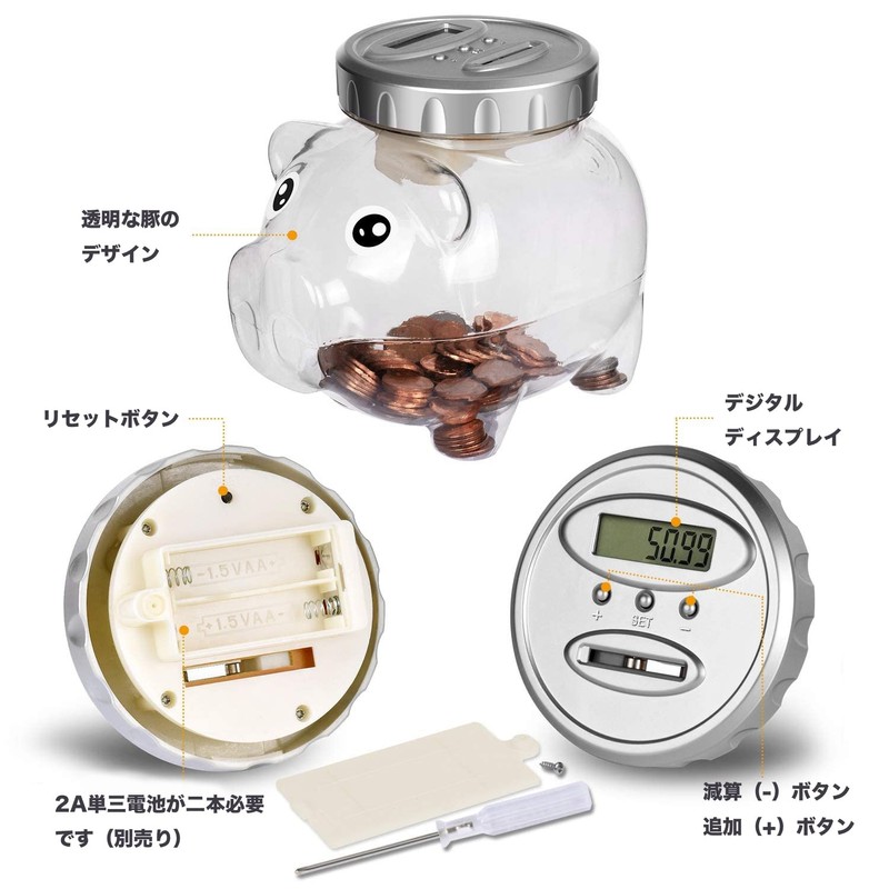 TWODAYS Transparent Pig Money Bank Digital Counter Bill Coin Storage