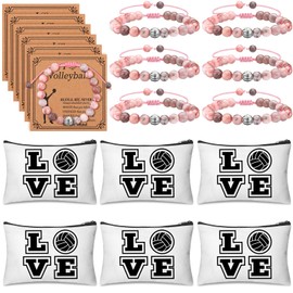 Sunnymove 12 Pieces Volleyball Party Favors Gifts 6 Pcs Beads Bracelets with Cards 6 Pcs Cosmetic Bags Volleyball Team Gifts for Sports Players Teams Stuff Teen Women Coach Charms Accessories