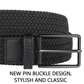 QAZSE Men's Golf Belt Braided Woven Stretch Elastic Fully Adjustable Belt 1.37" Wide Black 49" Long