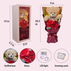 Eightown Preserved Rose Bouquet Flowers with Teddy Bear - Red Roses Artificial Flowers with Pearl Necklace for Her - Love Gift Mother's Day,Valentine's Day,Birthday (RED)