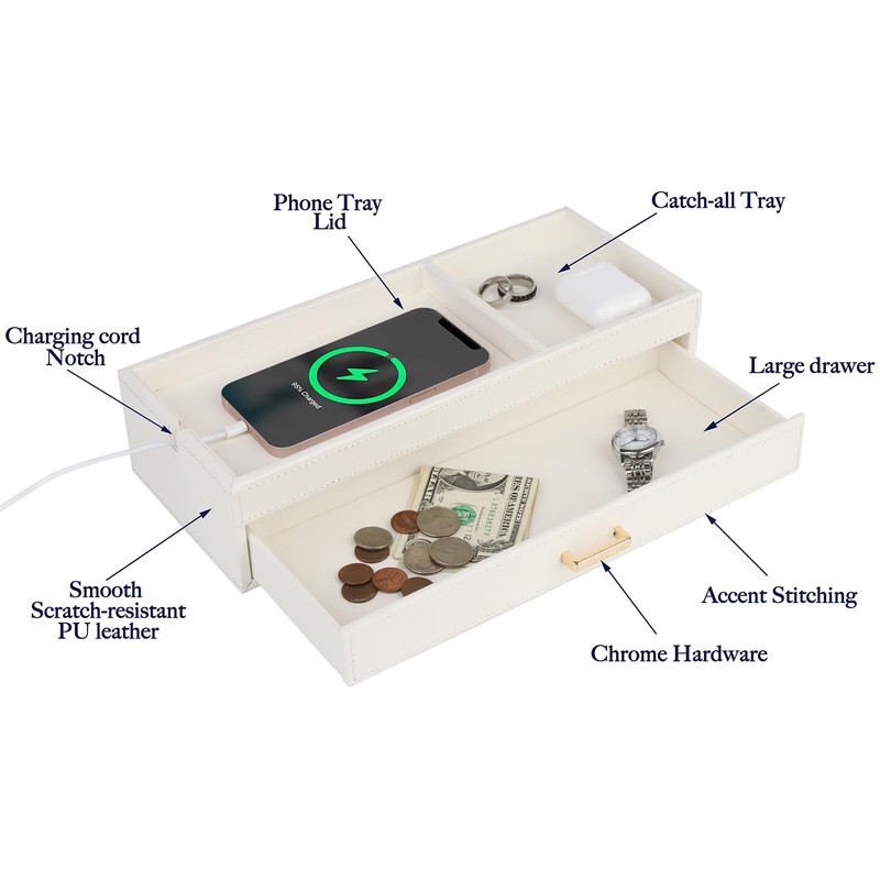 HofferRuffer Valet Jewelry Tray Organizer with Drawer, Faux Leather Storage