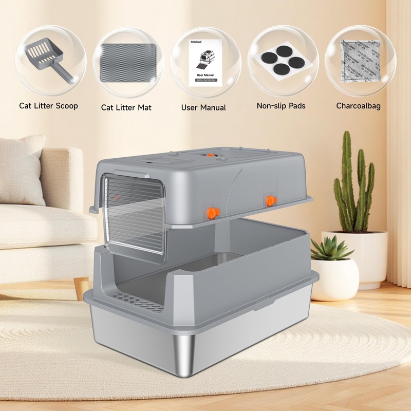 Stainless Steel Litter Box with Lid, High Sided Enclosed Metal