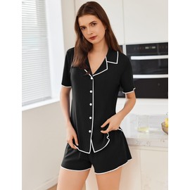 Ekouaer Women Pajama Sets 2 Piece Ribbed Knit Pjs Short Sleeve Soft Pajamas Set Casual Sleepwear Lounge Sets Black