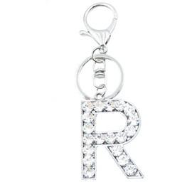 Xsclpomddy Alphabet Letter Key Ring Cute Key Ring Glitter Stones Silver Keychain for Bag Charm, R