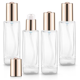 4 Pack 50ml/1.7oz Clear Glass Pump Bottle Refillable Square Foundation Dispenser Cosmetic Vial Containers with Pump & Gold Lids for Lotion Liquid Foundation Skin Care Cream Make Up Samples