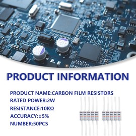 Innfeeltech Pack of 50 2W 5% Tolerance 10KΩ Carbon Film Resistor for DIY Project and Experiments