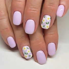 QEYRIYI White Flowers Press on Nails Short Square Fake Nail with Summer White Floral Designs Purple False Nails Acrylic Glossy Full Cover Artificial Stick on Nail for Women 24 Pcs