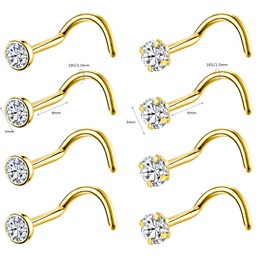 8PCS G23 Titanium Twist Screw Nose Studs 18G 20G Nose Rings 2mm 2.5mm 3mm Clear Pink Purple Aurora CZ Gold Nose Piercing Studs Nostril for Women Men(18g Gold Clear cz 3mm)