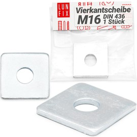 Lun Fix Square Washer M16 50 x 50 x 4.5 mm - DIN 436 | Pack of 1 Square Washer Galvanised Steel, Flat Square Washers for Bolts Threaded Rods, Rectangular Washers with Round Hole