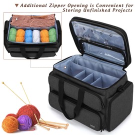 Yarwo Knitting Yarn Bag, Portable Crochet Storage Tote with Double Top Cover and Yarn Holes for Knitting Needles(Up to 14”), Unfinished Projects and Skeins of Yarn, Black