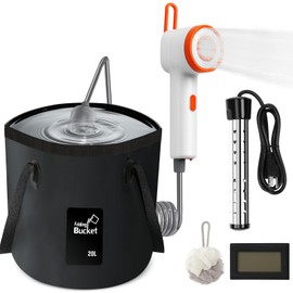FODAHRWS Portable Camping Shower Pump, 5 Gallons Foldable Bucket with Heater, Camp Heated Kit Rinse for The Beach, Travelling, Pet Baths and Car Washes