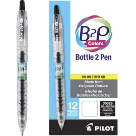 PILOT B2P Colors - Bottle to Pen Refillable & Retractable Rolling Ball Gel Pen Made From Recycled Bottles, Fine Point, Black G2 Ink/Clear Barrel, 12-Pack (36629)