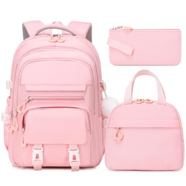 GeeWin Pink Backpack for Girls, School Bags for Girls, Bookbag for Kids Teens Children Elementary Middle School Student, 3PCS Waterproof Kids Backpack Daypack with Insulated Lunch Bag & Pencil Bag