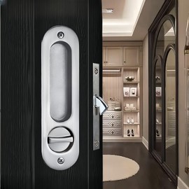 Sliding Pocket Door Lock,173mm Sliding Door Latch with Turn Knob for Interior Wooden Door,Invisible Recessed Door Handle with Key,Keyed Pocket Door Mortise Lock (Silver)