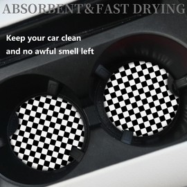 Cute Car Coasters for Cup Holders, 2 Pack Absorbent Universal Neoprene Car Coasters with Finger Slot, Auto Accessories for Women & Men,2.56"(Black/White)
